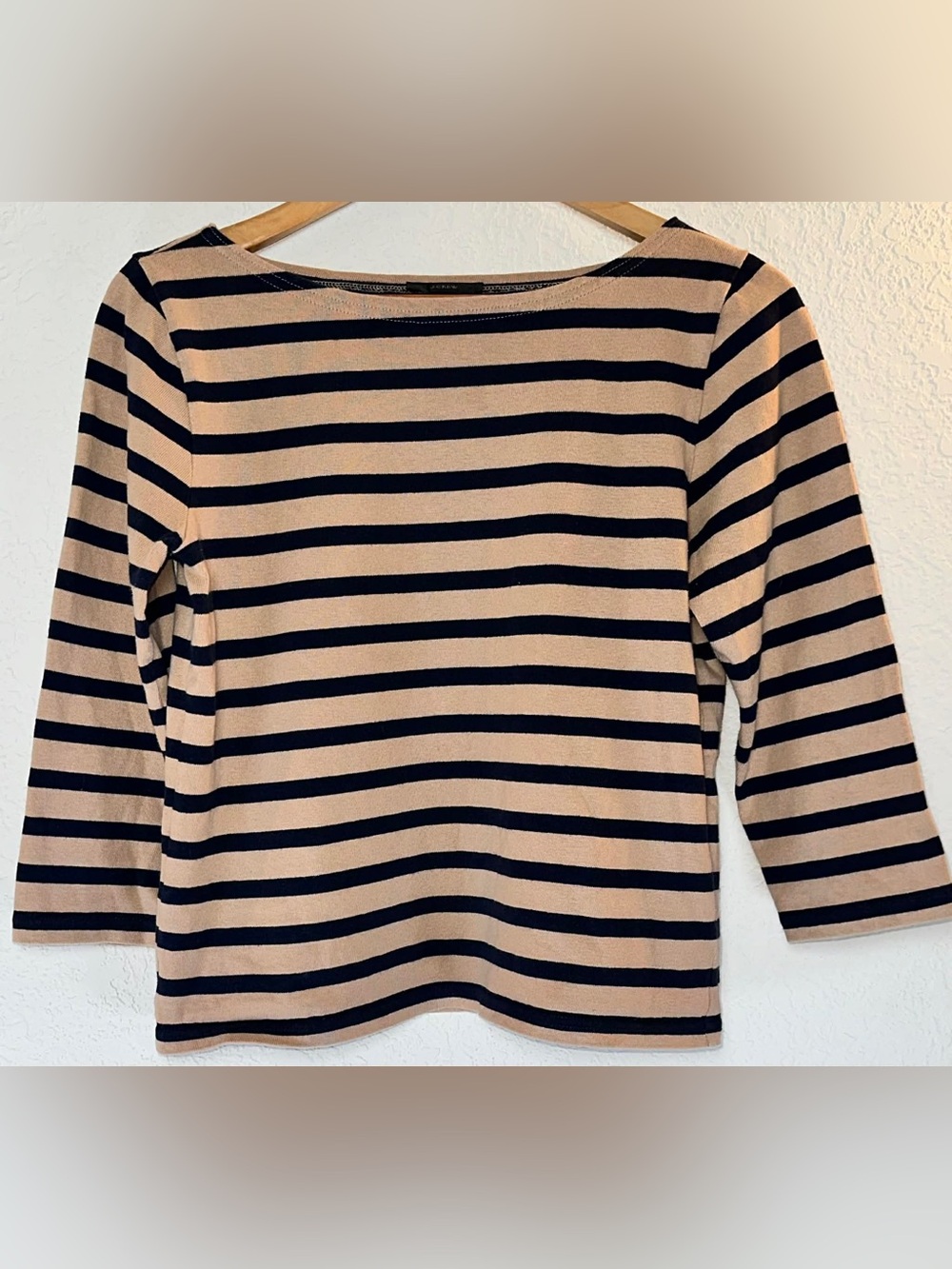 J. Crew Beige and Blue Striped Boatneck Top